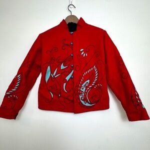 COLORLAND Red Chinese-style Warm Jacket, Peacock Print, Women's Size L